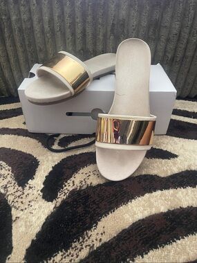 Aldo Metallic Rose Gold Band Slide Sandals